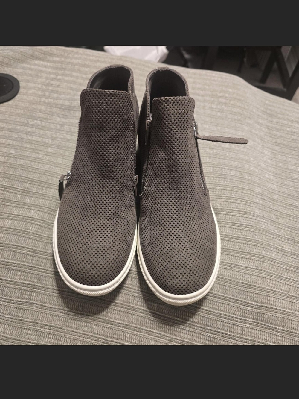 Womens Gray Perforated Slip-On Sneakers with Side Zipper